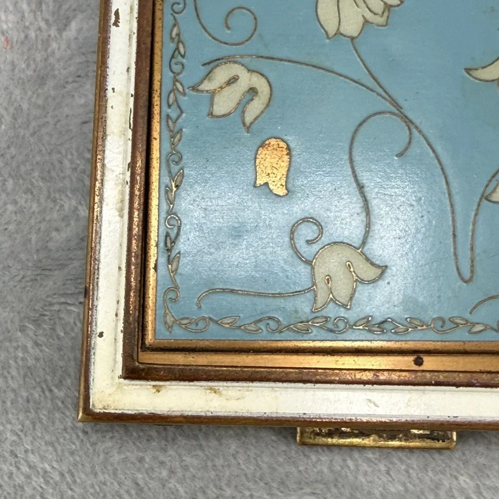 Vintage Cloisonne Enamel Compact‎ Gold Tone Blue Floral Square READ